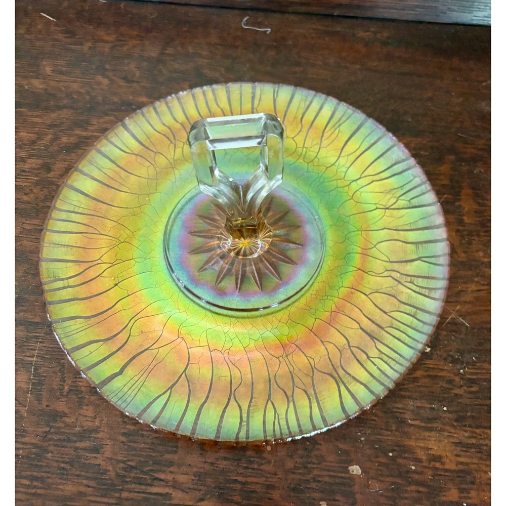 Jeannette‎ Gold Handled Sandwich Server Tray Iridescent Carnival Stretch Glass